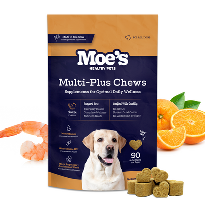 Moe's Healthy Pets Multi-Plus Chews packaging with a dog and oranges on a white background