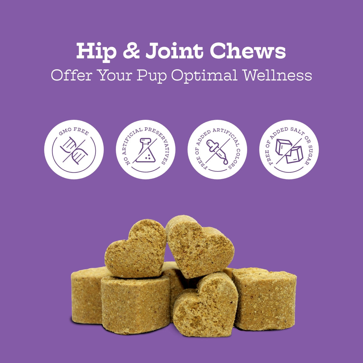 Heart-shaped dog chews on a purple background with text about optimal wellness for pets.