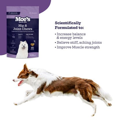 Moe's Healthy Pet Hip & Joint Chews packaging with a running dog on a white background