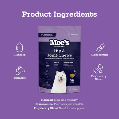 Moe's Hip & Joint Chews packaging with ingredients listed on a purple background