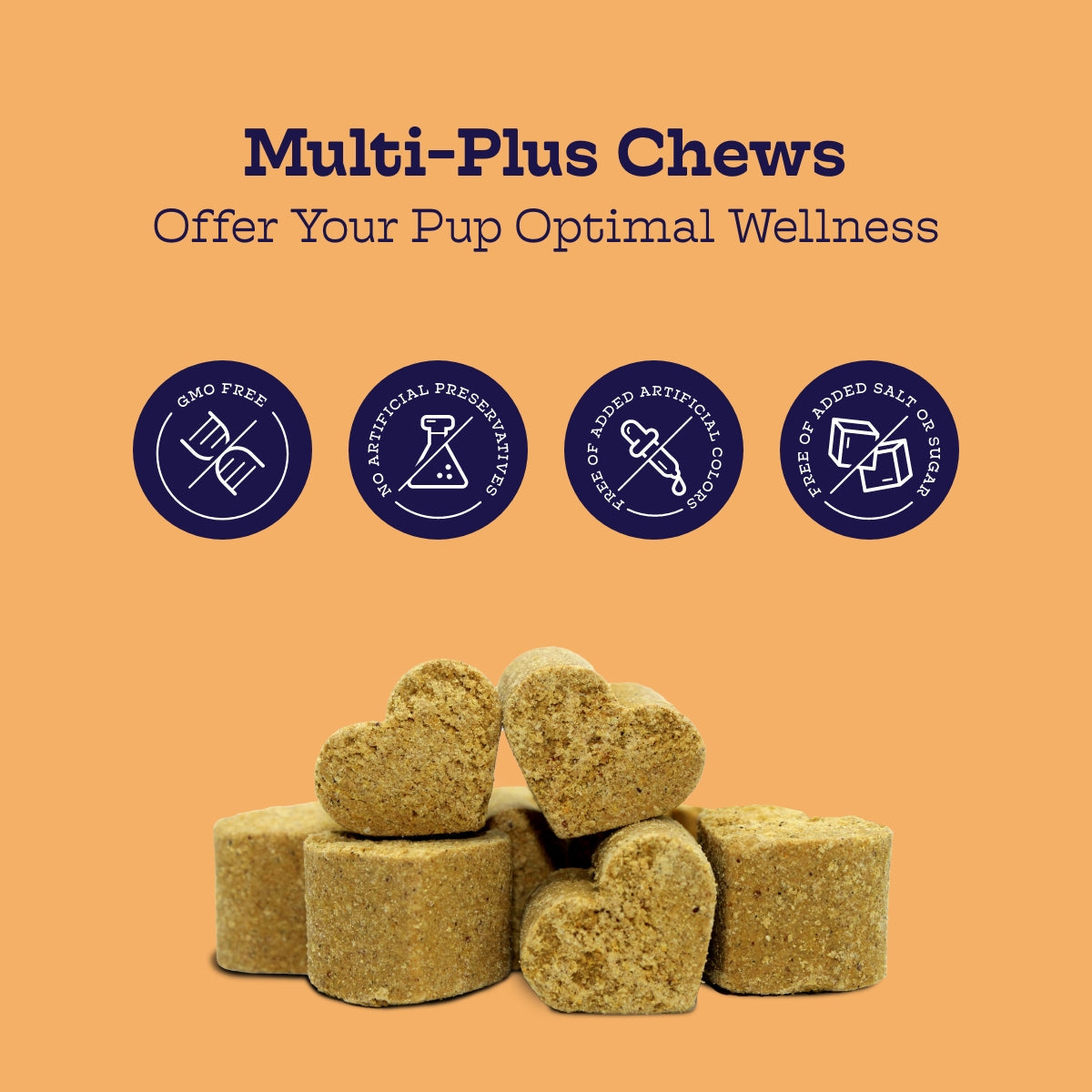 Heart-shaped dog treats with 'Multi-Plus Chews' text and wellness benefits on an orange background