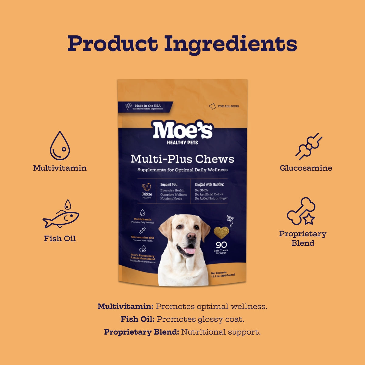Moe's Multi-Plus Chews packaging with product ingredients on an orange background