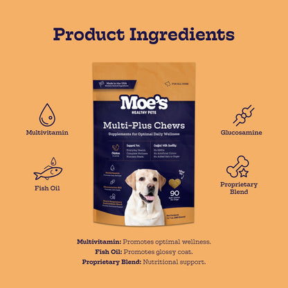 Moe's Multi-Plus Chews packaging with product ingredients on an orange background