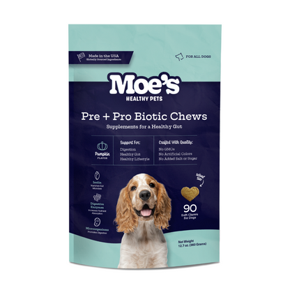 Moe's Healthy Pets pre + pro biotic chews packaging with a dog on a white background