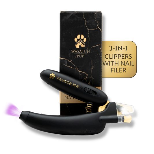 Black pet grooming tool set with 'Wasatch Pup' branding on a white background