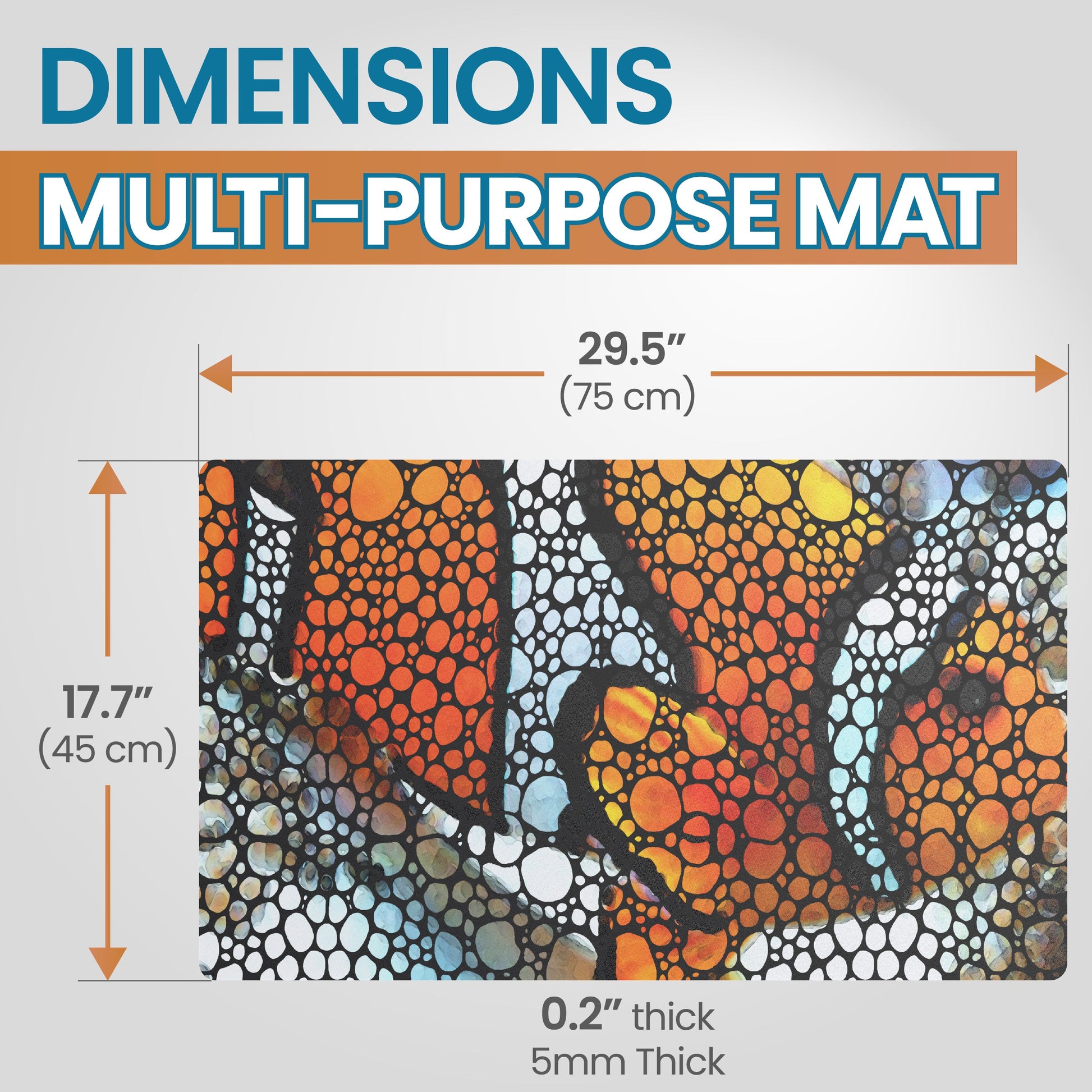 Dimensions of a multi-purpose mat with colorful design and text indicating size and thickness.