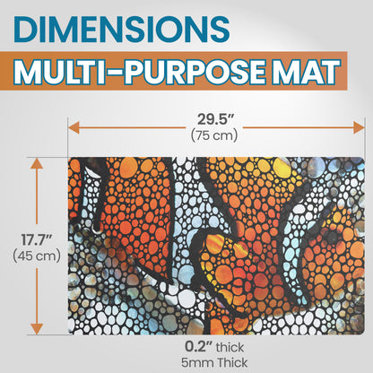 Dimensions of a multi-purpose mat with colorful design and text indicating size and thickness.