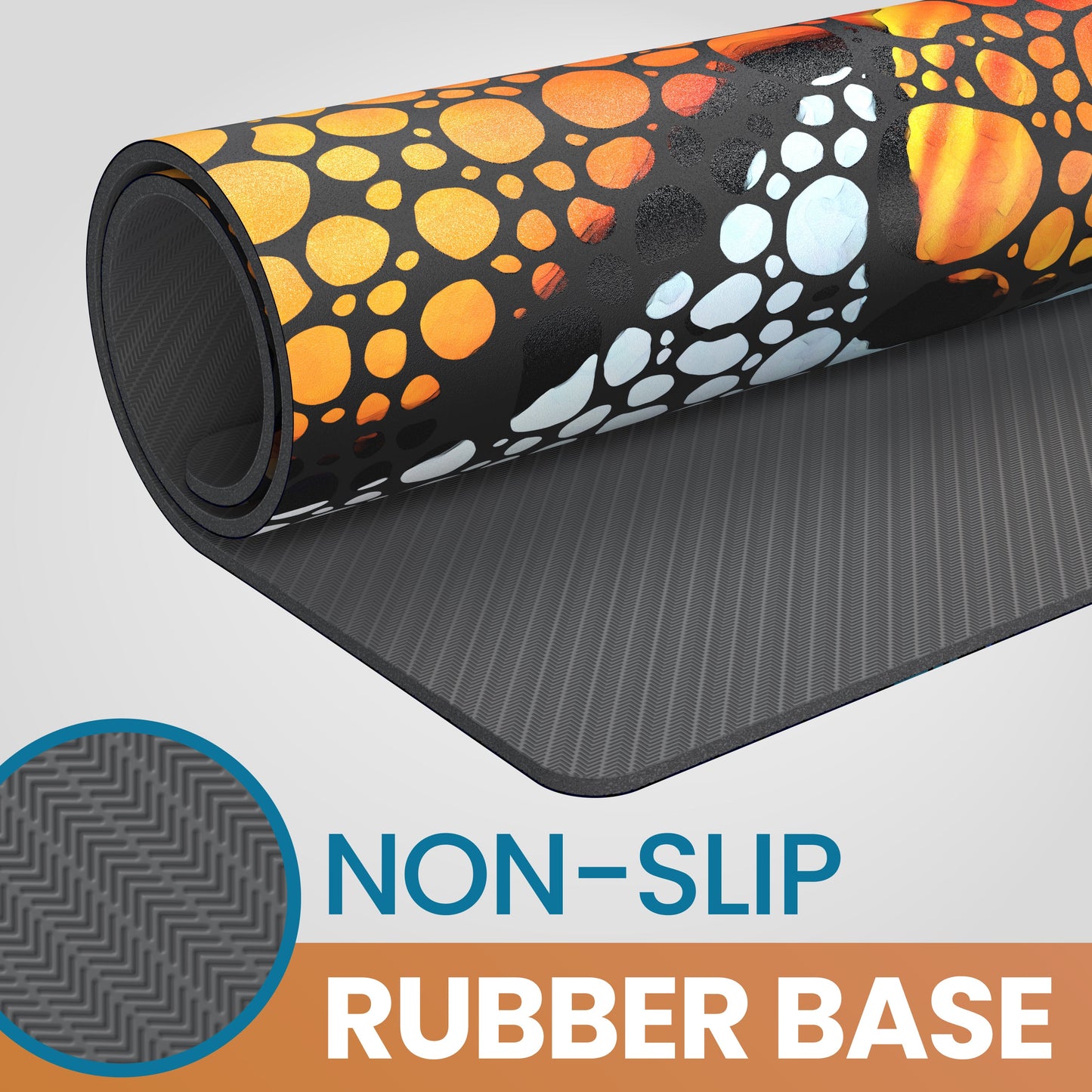 Roll of decorative mat with colorful pattern and non-slip rubber base text.