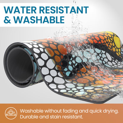 Colorful mat with water splashing over it, labeled 'Water Resistant & Washable'.