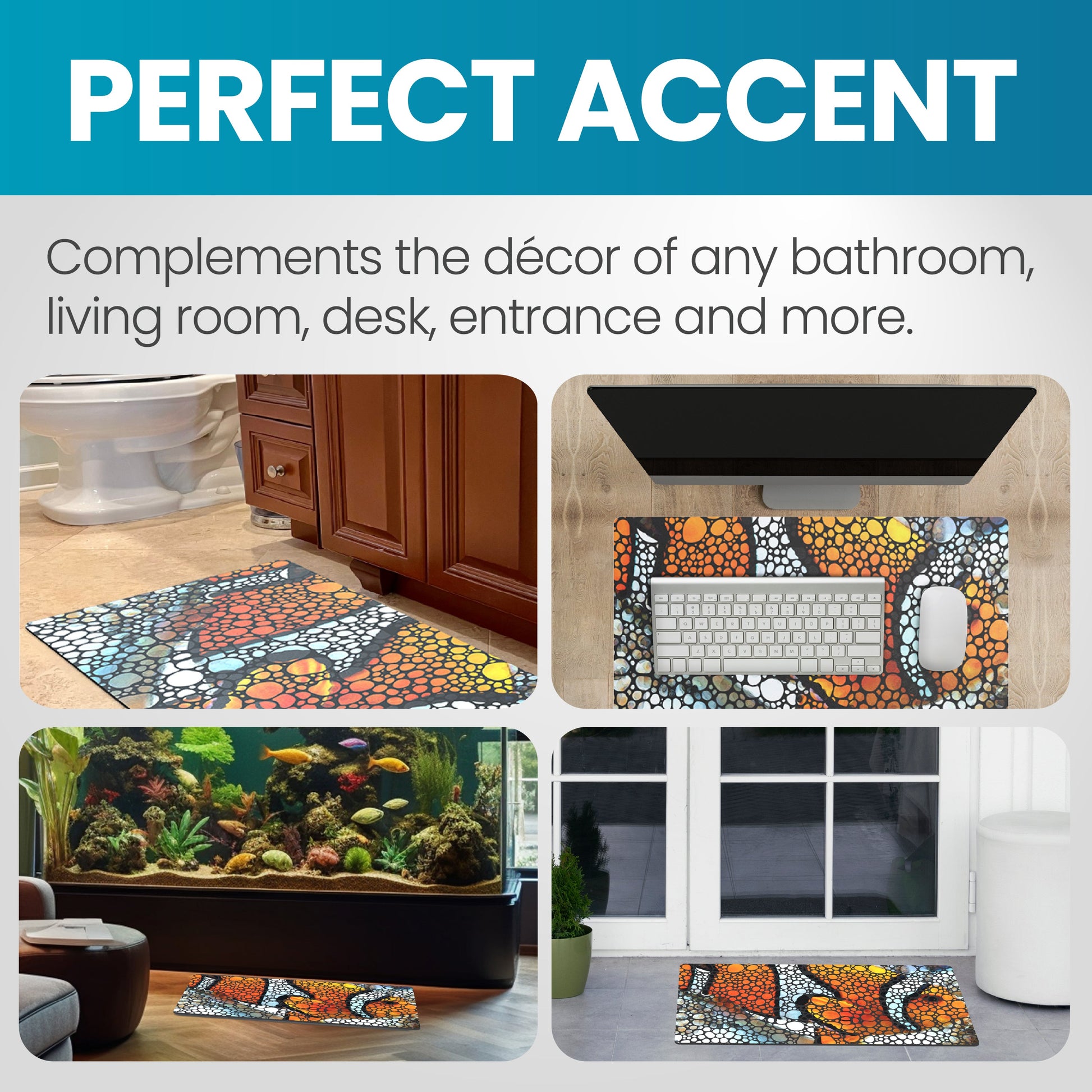 Decorative mats with mosaic designs in various settings, including a living room and aquarium.