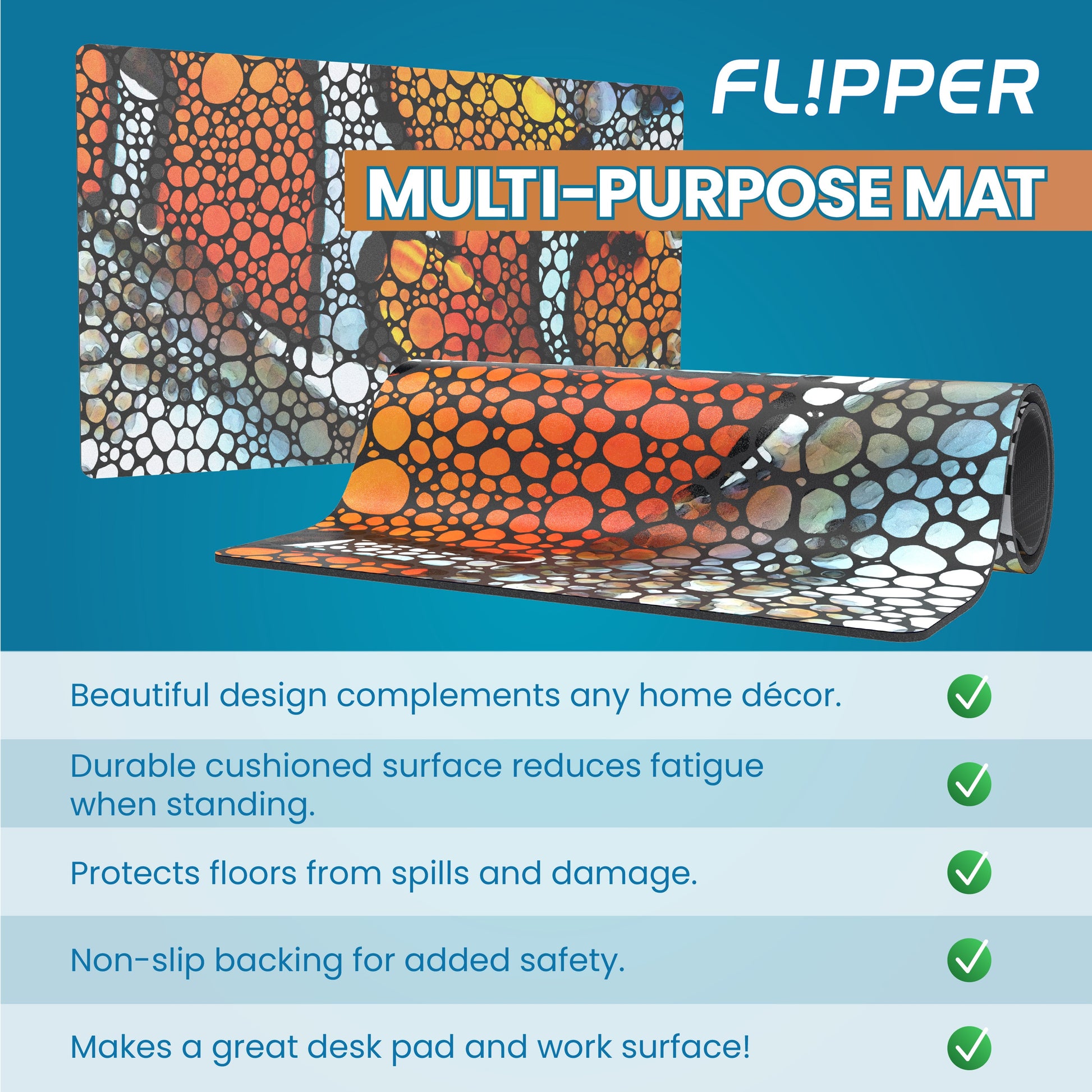 Flipper multi-purpose mat with colorful design on a blue background