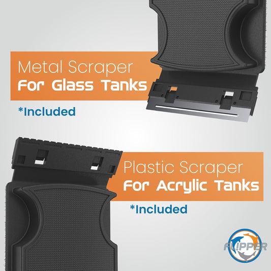 Metal and plastic scrapers for glass and acrylic tanks with Flipper logo.