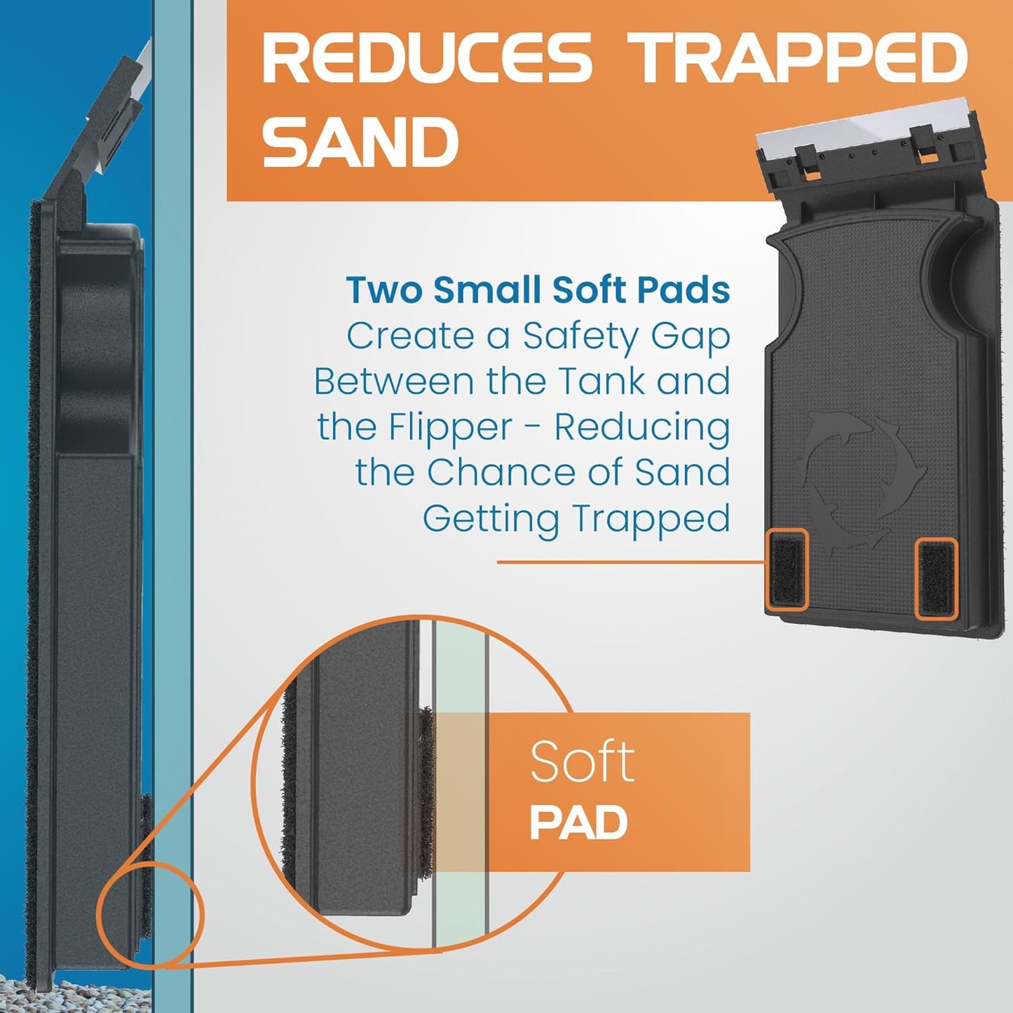 Product with soft pads designed to reduce trapped sand, featuring text and close-up details.
