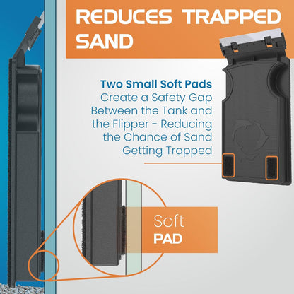 Product with soft pads designed to reduce trapped sand, featuring text and close-up details.