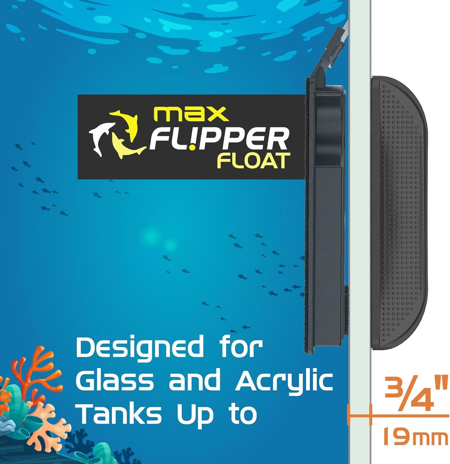 Max Flipper Float product with underwater design and text on a blue background
