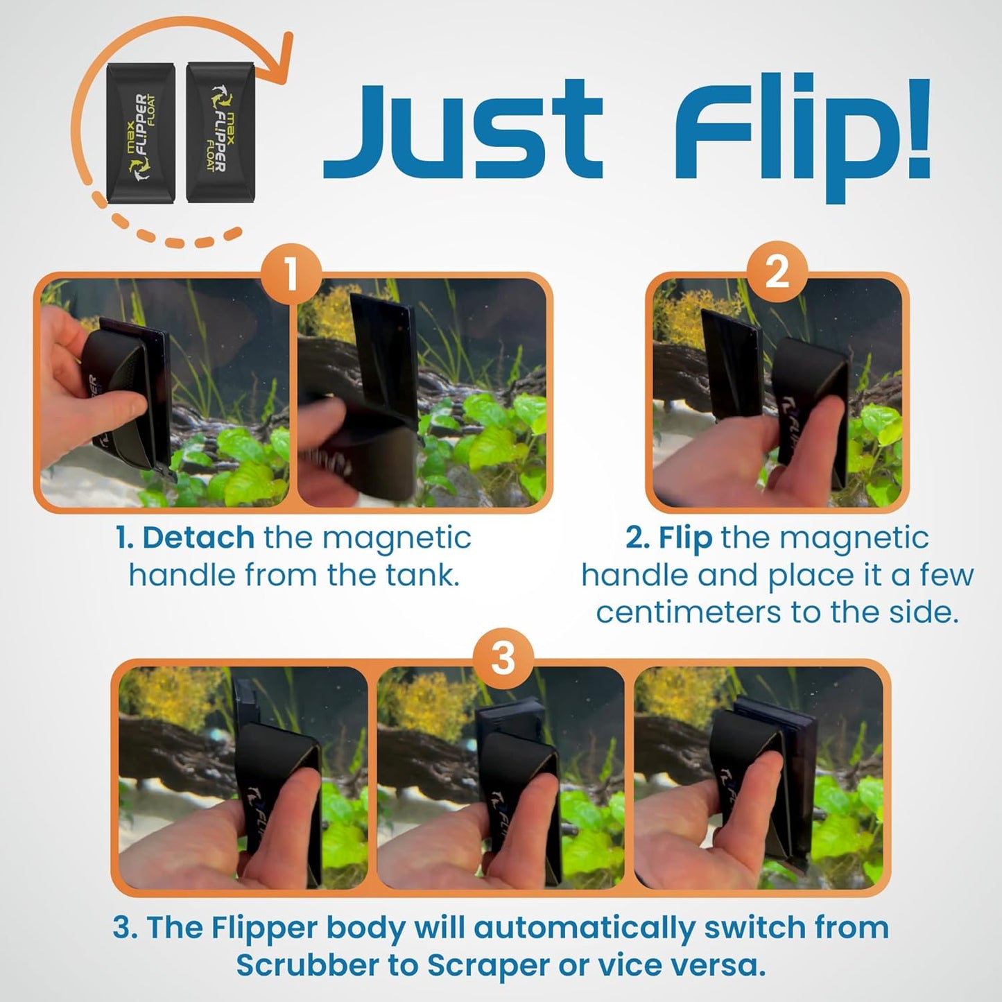 Instructions for using a magnetic handle with 'Just Flip!' branding.