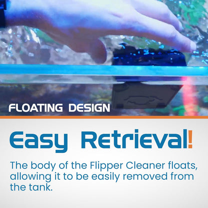 Advertisement for a flipper cleaner with text about its floating design and easy retrieval feature.