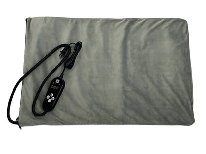 Gray heating pad with a control cord on a white background