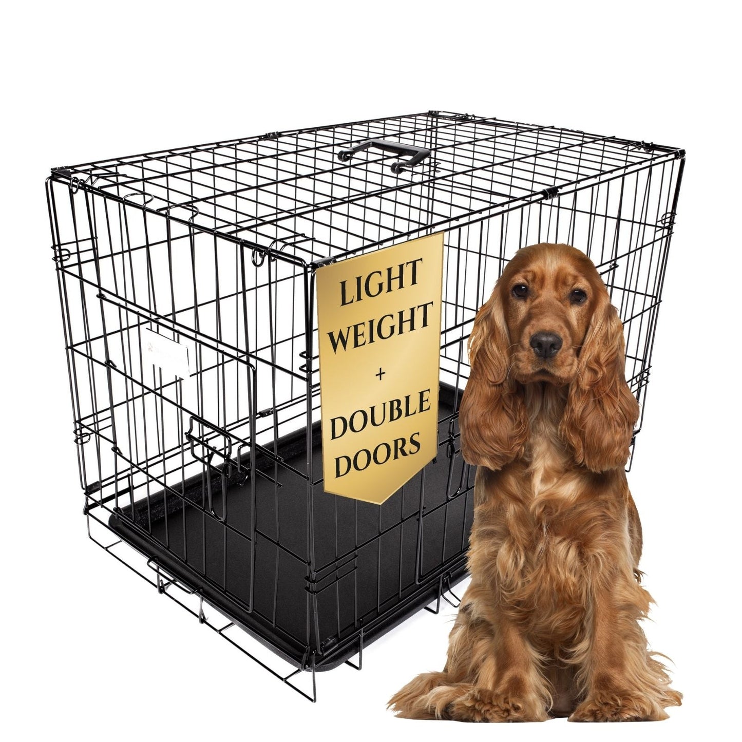 Dog crate with a dog sitting inside and a sign indicating 'Lightweight + Double Doors' on a white background.