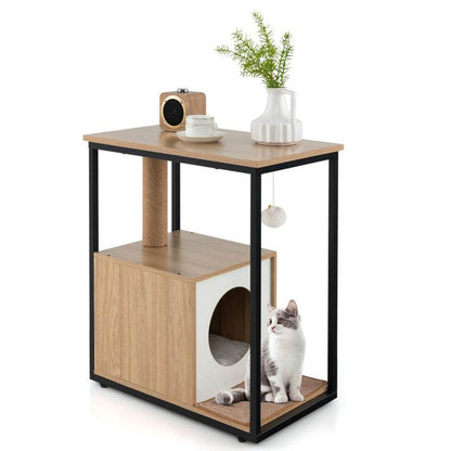 Wooden cat tree with a cat sitting inside on a white background