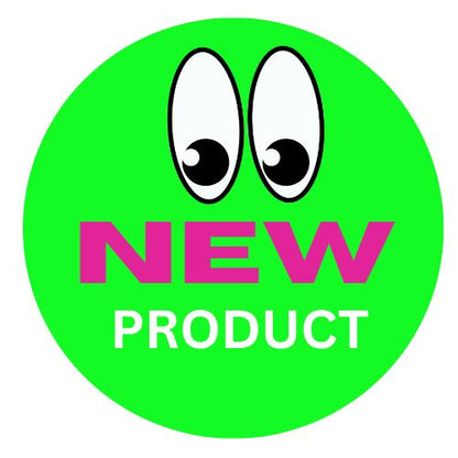 Green circle with cartoon eyes and 'NEW PRODUCT' text on a white background
