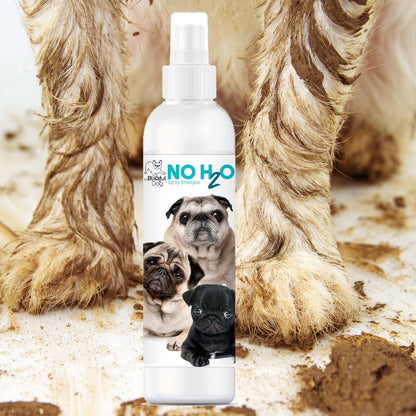 Bottle of NO HO2 pet product with pug illustrations on a background of dog fur.