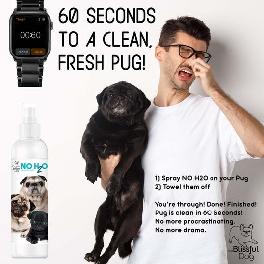 Man holding a black pug with product advertisement for 'NO H2O' spray and text about cleaning a pug in 60 seconds.