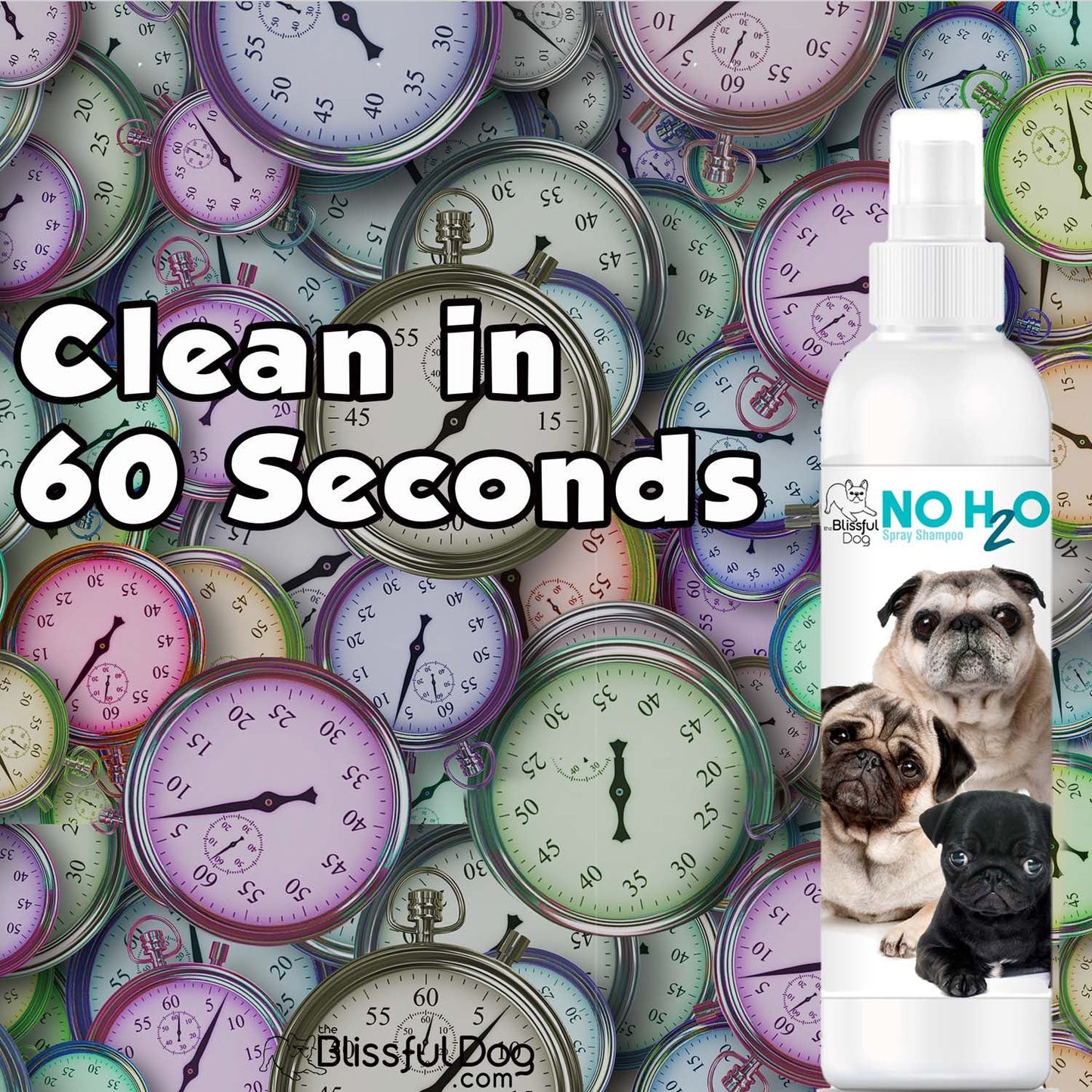 No H2O cleaning product with pug images on a background of colorful clocks.