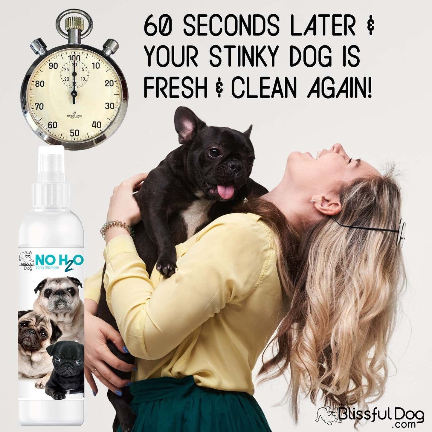Woman holding a dog with a bottle of No Hoo2 product, text indicating product effectiveness.