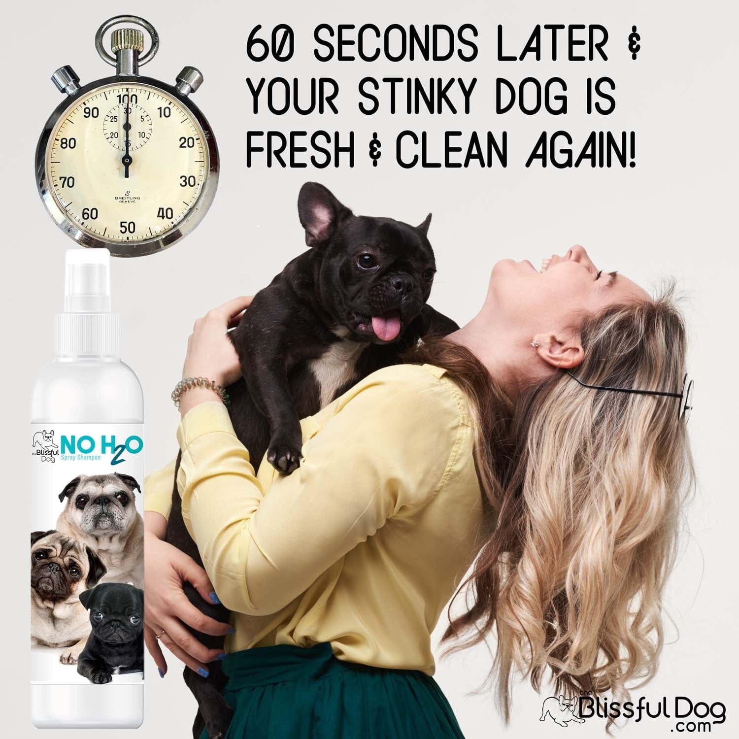 Woman holding a dog with a bottle of No Hoo2 product, text indicating product effectiveness.