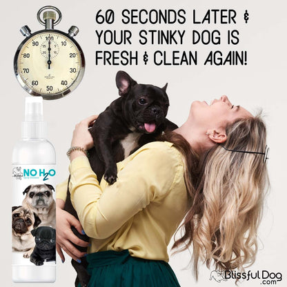 Woman holding a dog with a bottle of No Hoo2 product, text indicating product effectiveness.