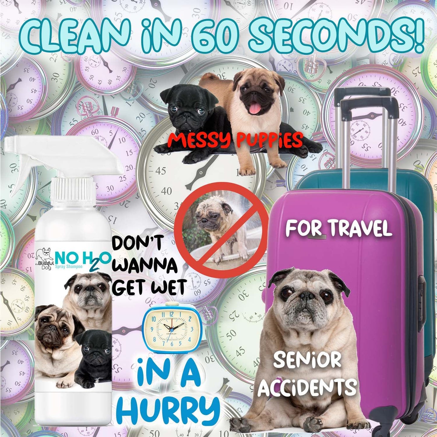 Promotional graphic with pugs, travel items, and text about cleaning solutions.