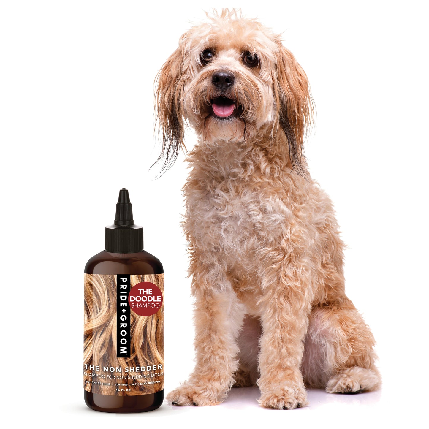 Dog with a bottle of 'Pride Groom' dog shampoo on a white background