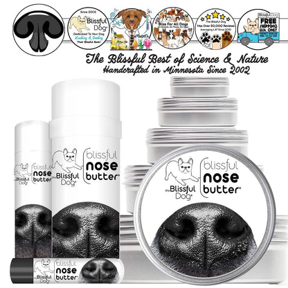 Blissful Dog nose butter packaging with branding and product images on a white background