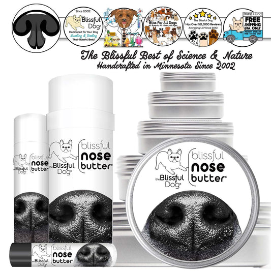 Blissful Dog nose butter packaging with branding and product images on a white background