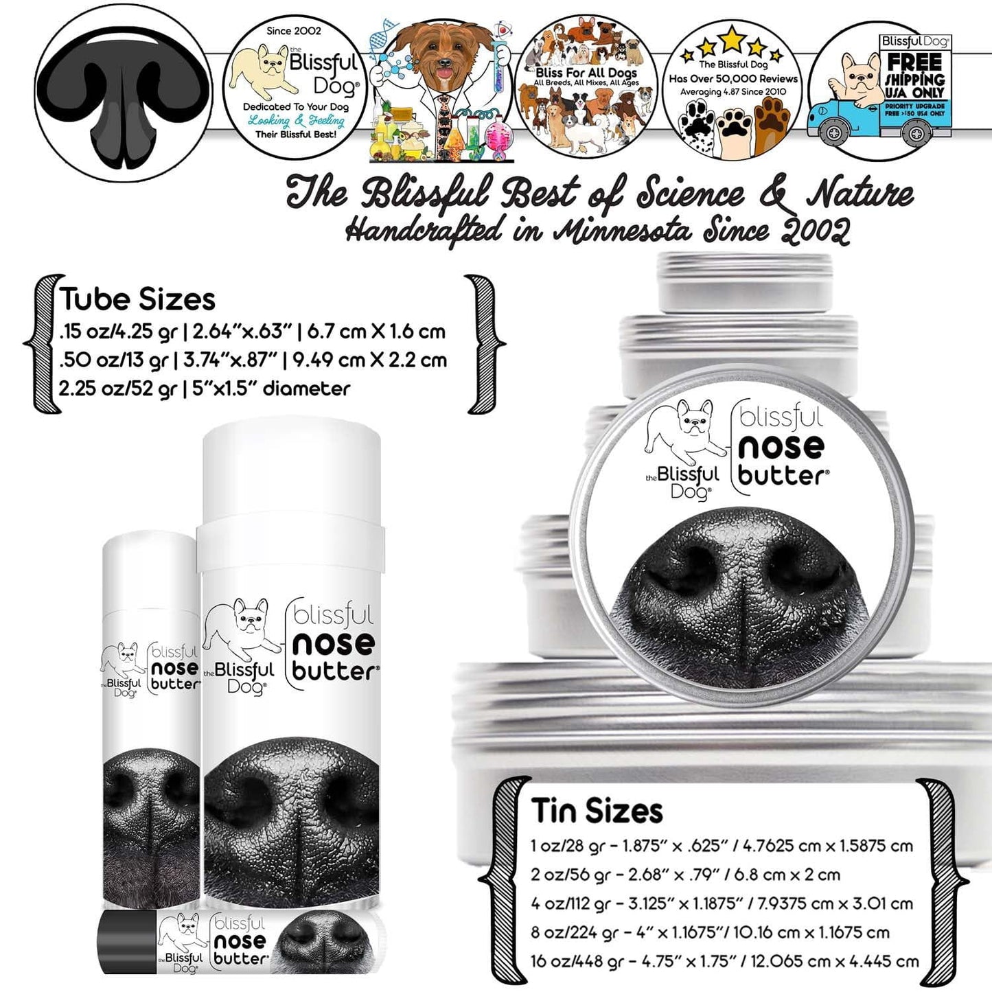 Blissful Dog nose butter packaging with product details on a white background