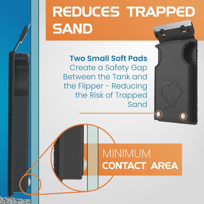 Product illustration with text explaining its function to reduce trapped sand.