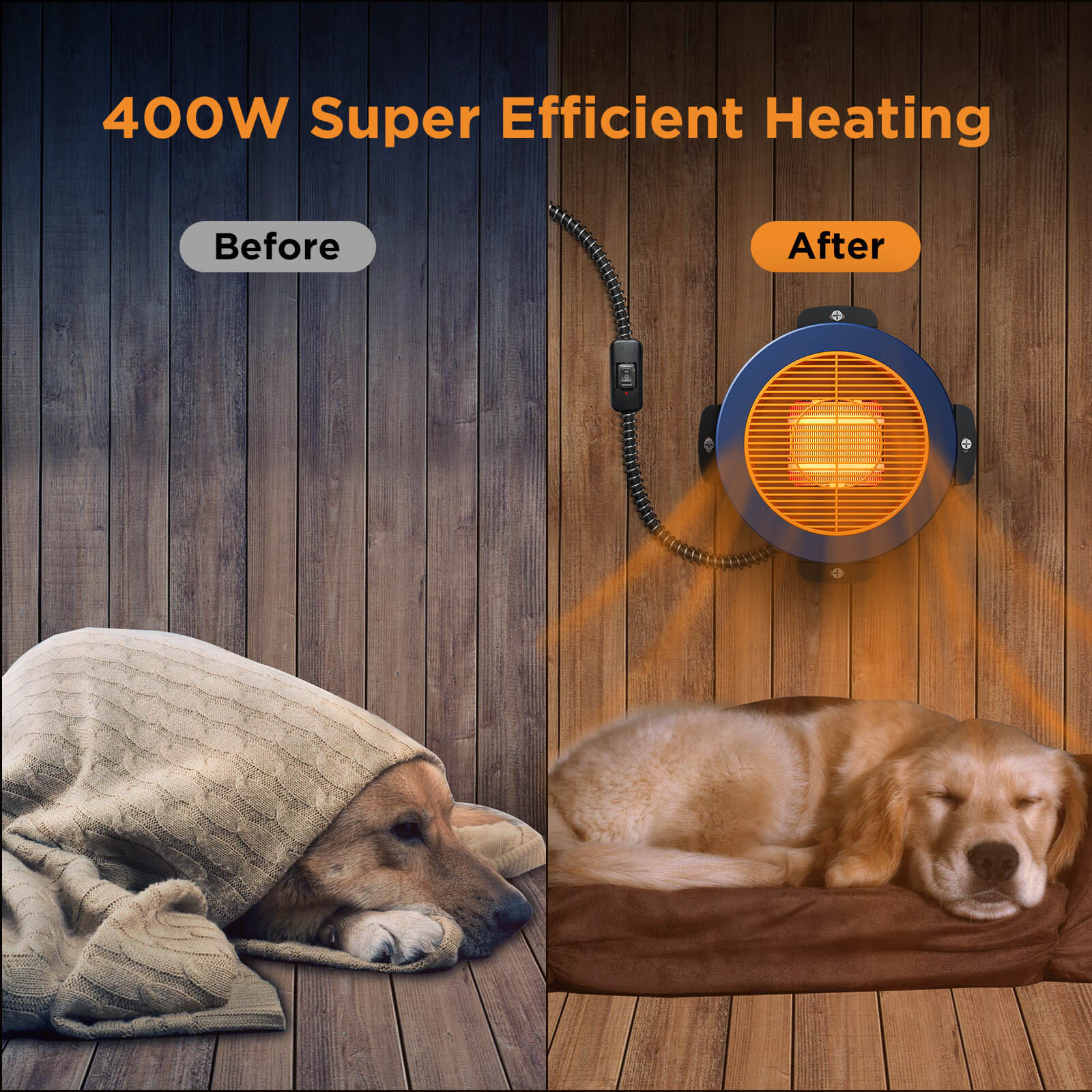 Before and after comparison of a dog using a heating device with 400W super efficient heating.