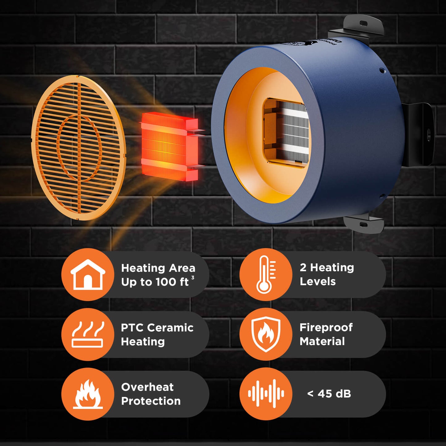 Heating device with features highlighted on a black brick wall background