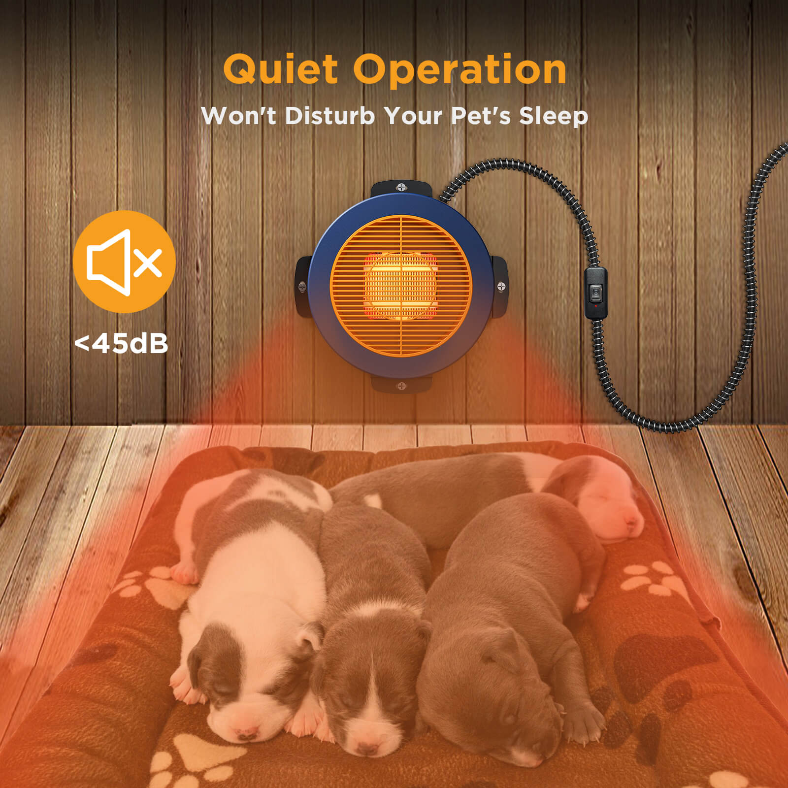 Heating pad for pets with puppies sleeping on it, labeled 'Quiet Operation' on a wooden floor.