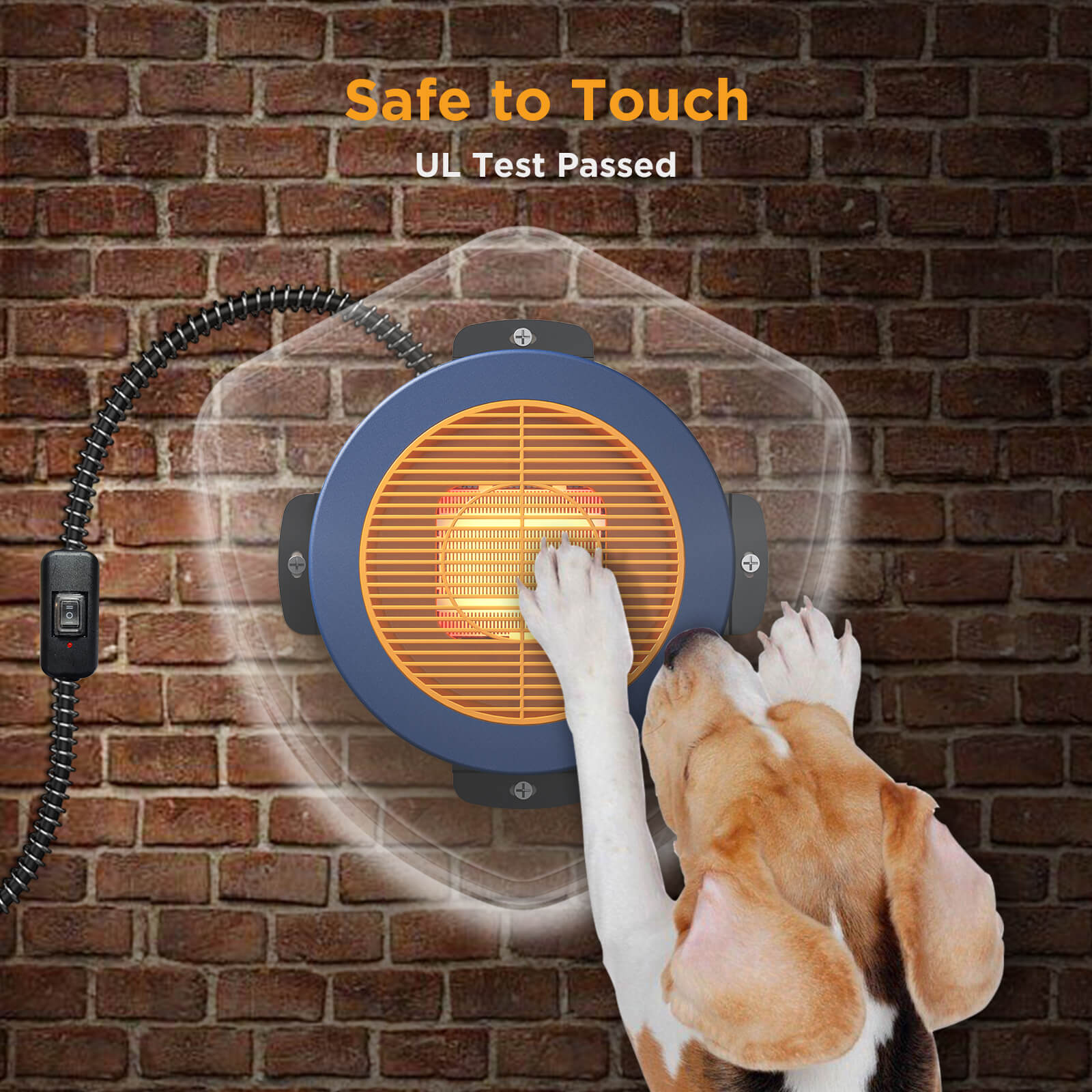 Heated pet mat with a dog touching it against a brick wall, featuring 'Safe to Touch' and 'UL Test Passed' text.