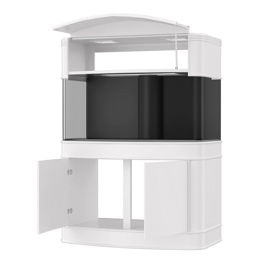 White corner cabinet with black interior on a white background