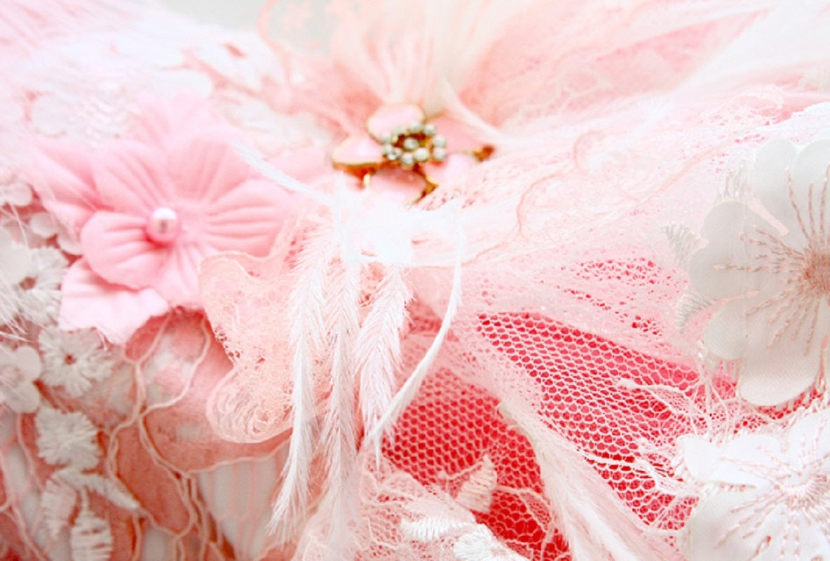 Close-up of pink floral fabric with lace details