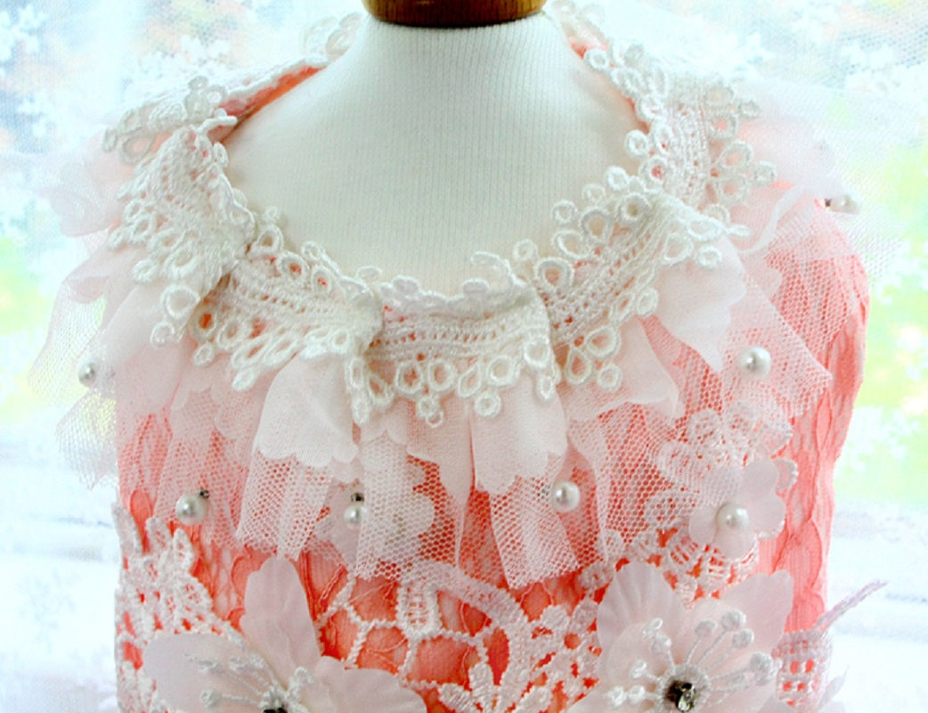 Pink lace garment on a mannequin with a blurred background
