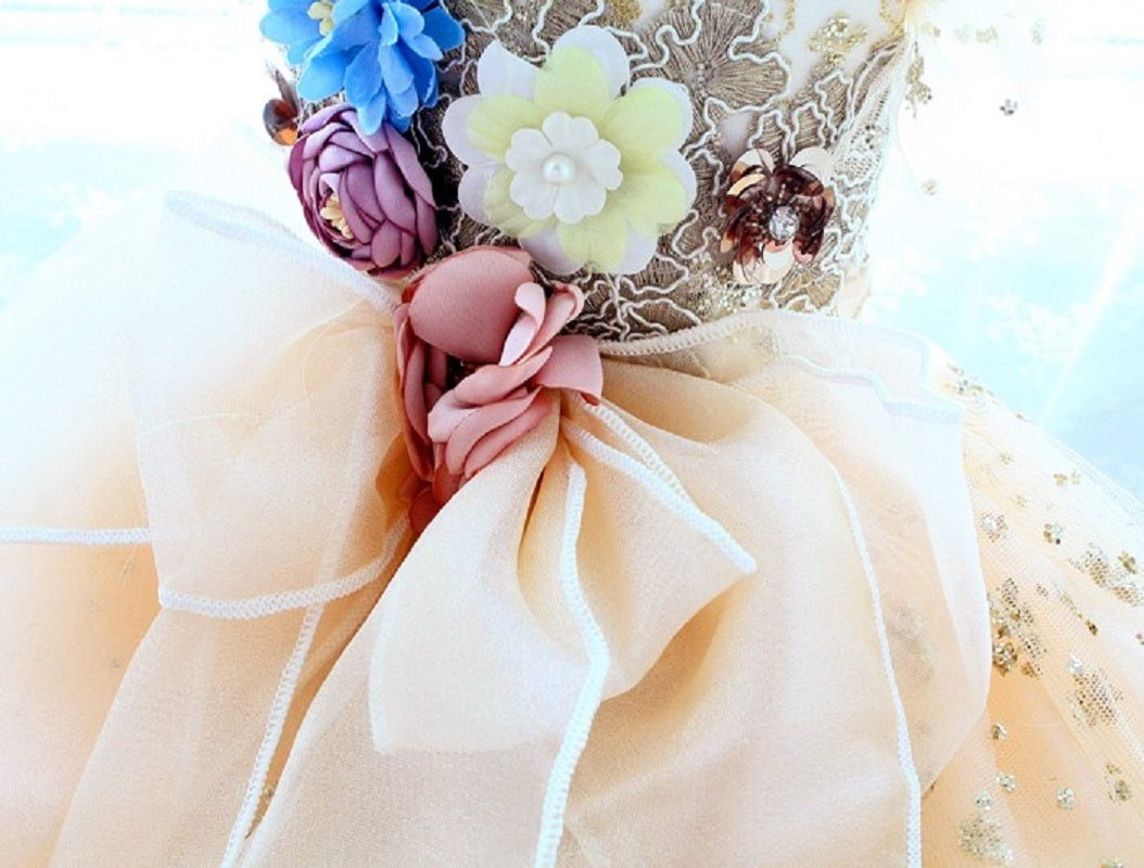 Close-up of a decorative headband with flowers and beads on a blurred background
