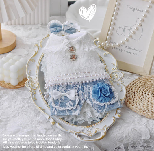 Delicate lace baby outfit with blue accents on a decorative stand.
