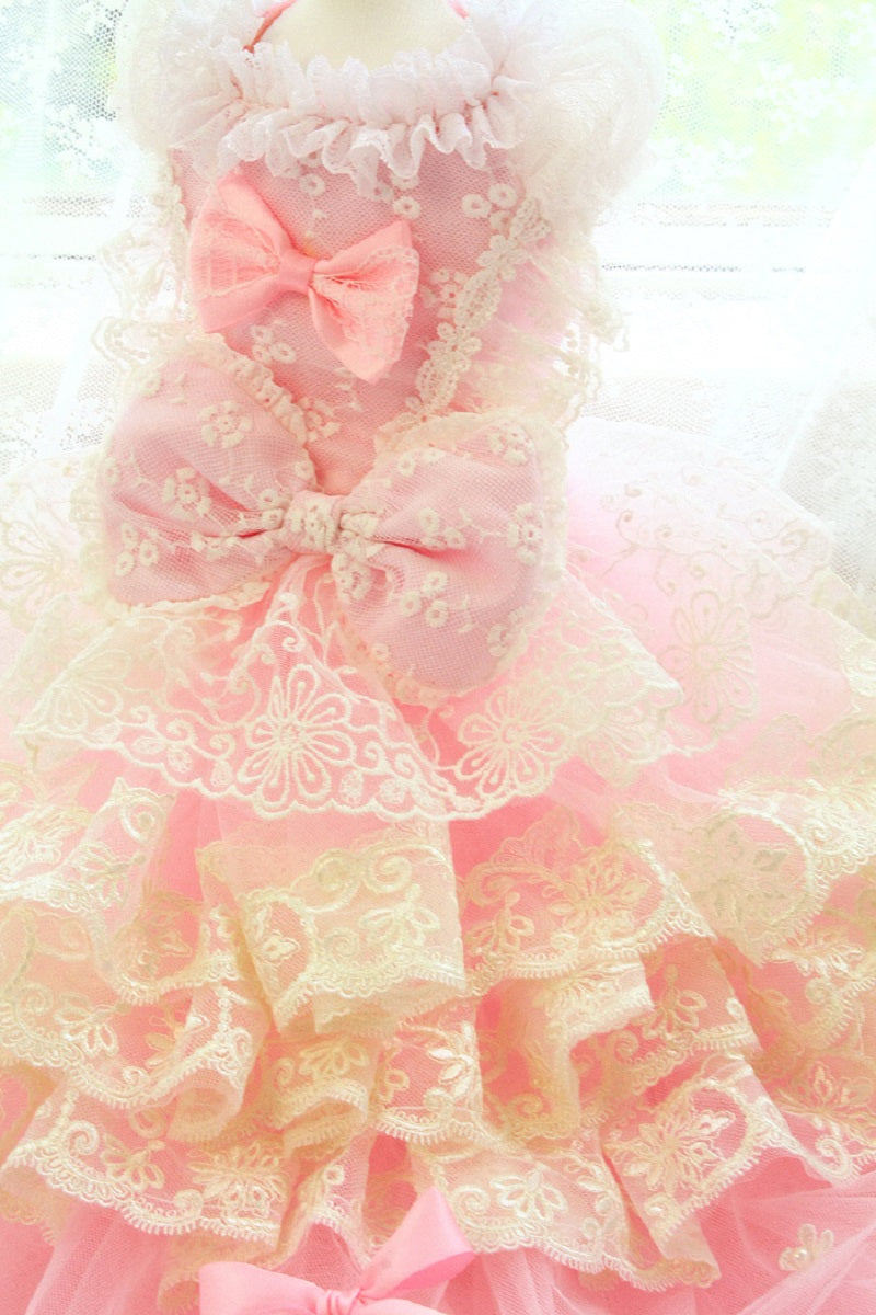 Pink and white lace dress with a large bow on a light background