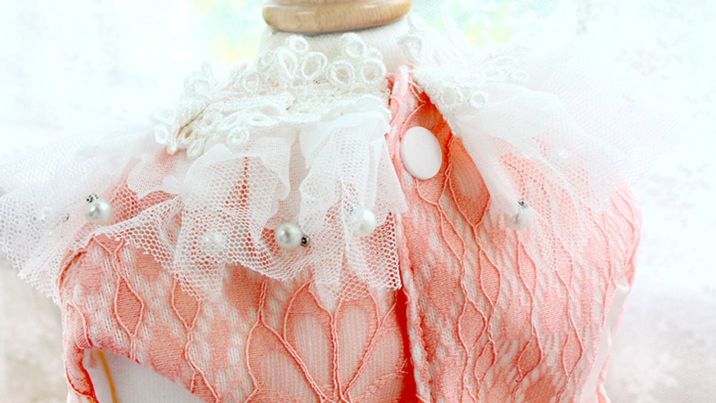 Coral lace fabric with pearls on a white background