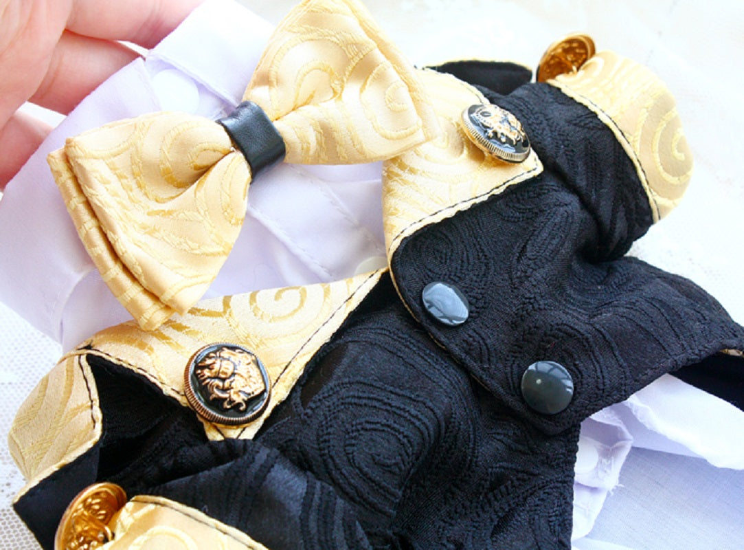 Close-up of a black and gold bow tie with decorative buttons on a white background