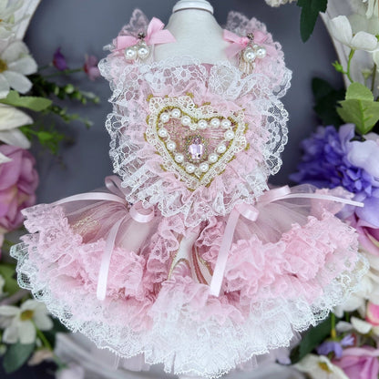 Pink and white lace pet dress with decorative heart on a mannequin against a floral background